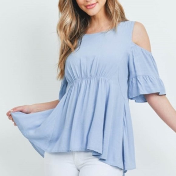 Tops - Blue Top Tunic Cold Shoulder